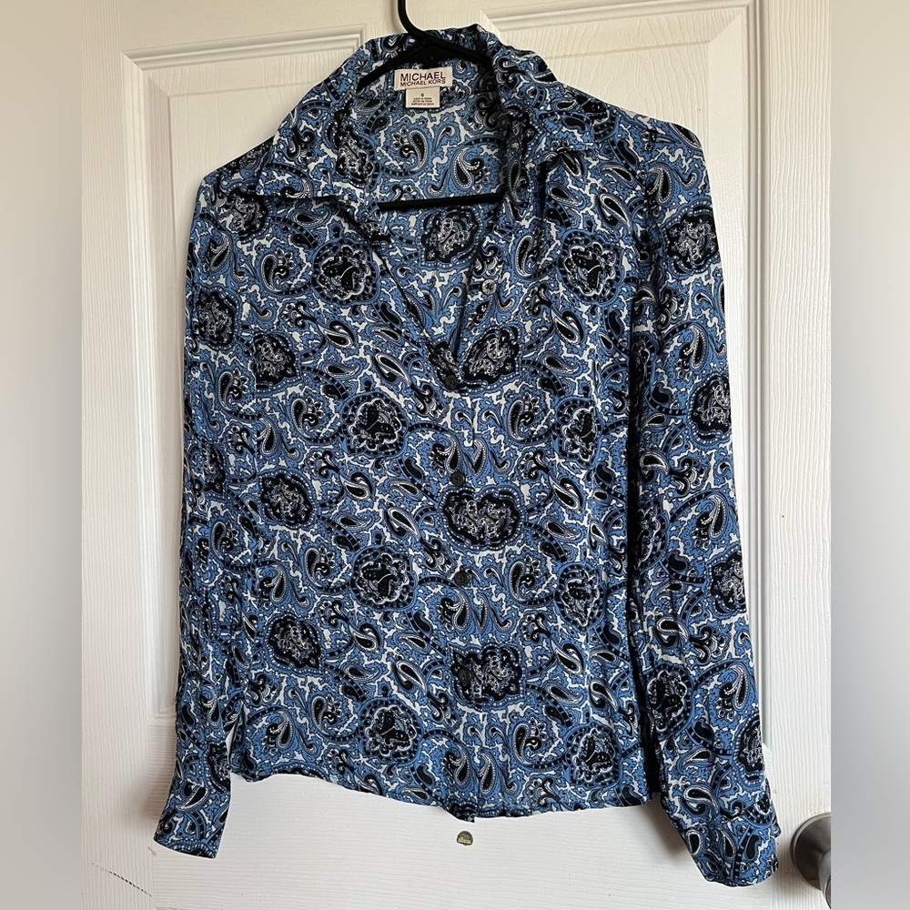MICHAEL‎ Michael Kors 100% Silk Blue/Cream Long Sleeve Shirt Women’s Sz 6
